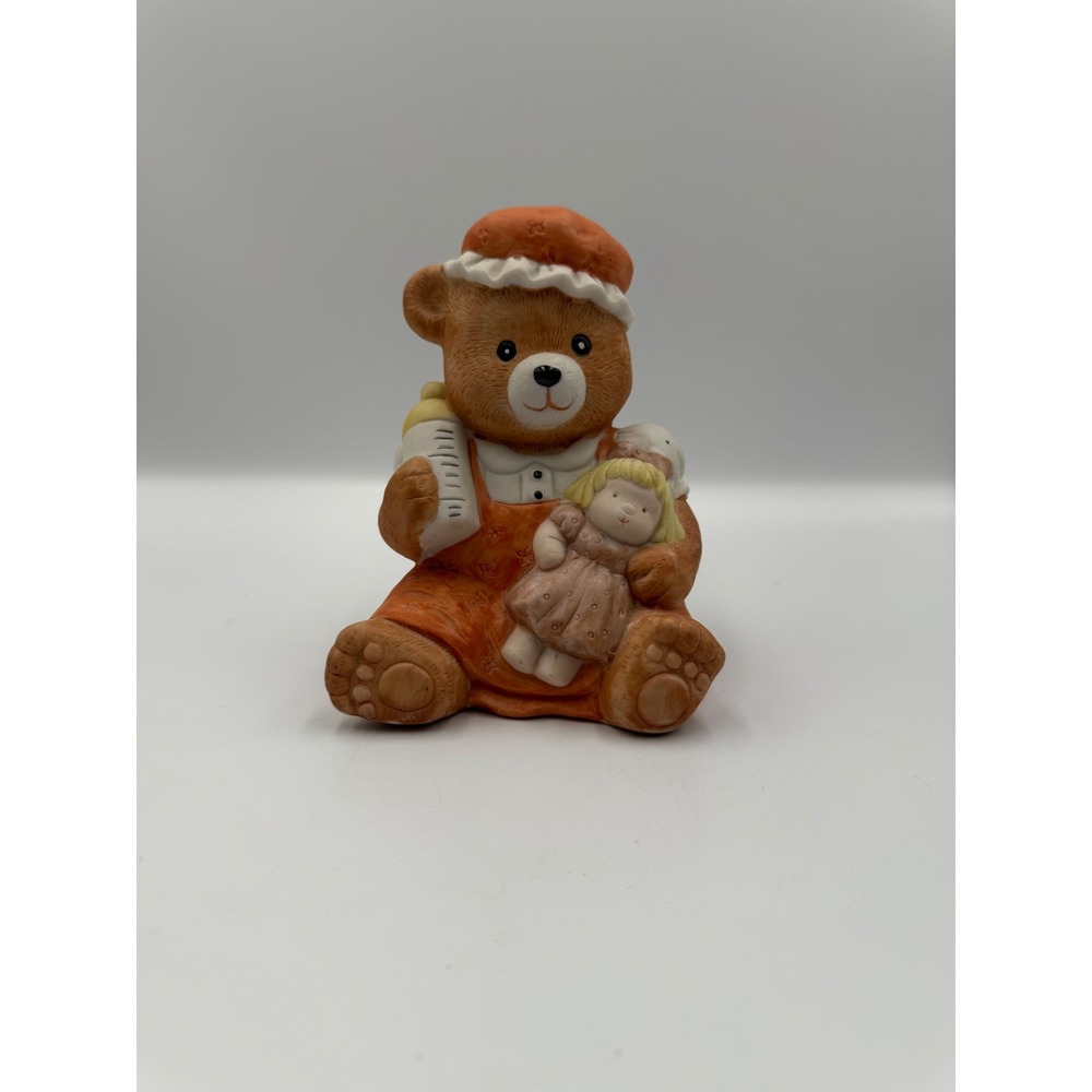 Vintage Ceramic Teddy‎ Bear Figurine Orange Jumper with Doll and Bottle Nursery
